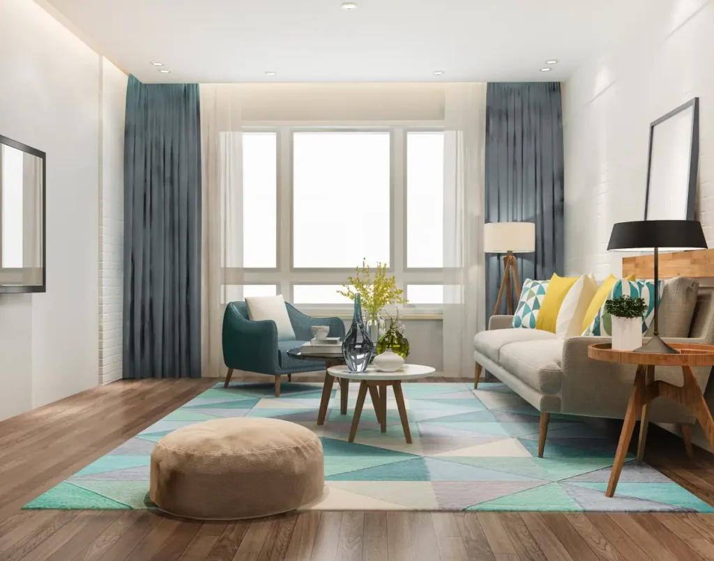 Modern Georgetown TX living room with motorized window shades and smart interior lighting setup