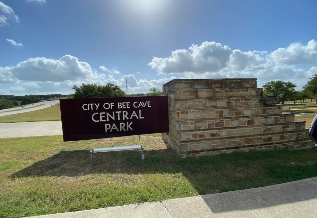 City of Bee Cave Central Park stone entrance sign near Spanish Oaks community