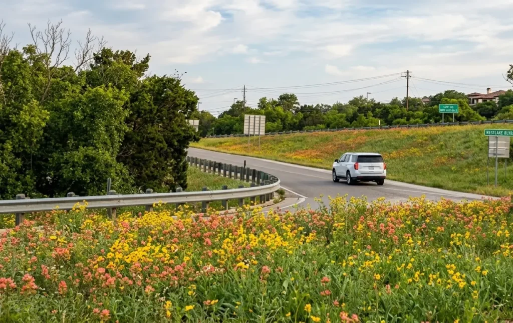 Scenic Westlake Drive roadway in West Lake Hills Texas smart home automation service area