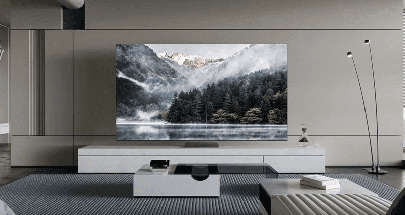 large-format 4K smart TV installation wall mounted over minimalist media console