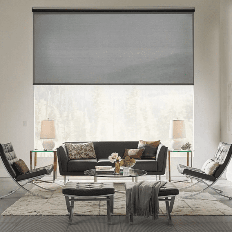 Luxury living room in Tarrytown Texas with automated motorized window roller shades