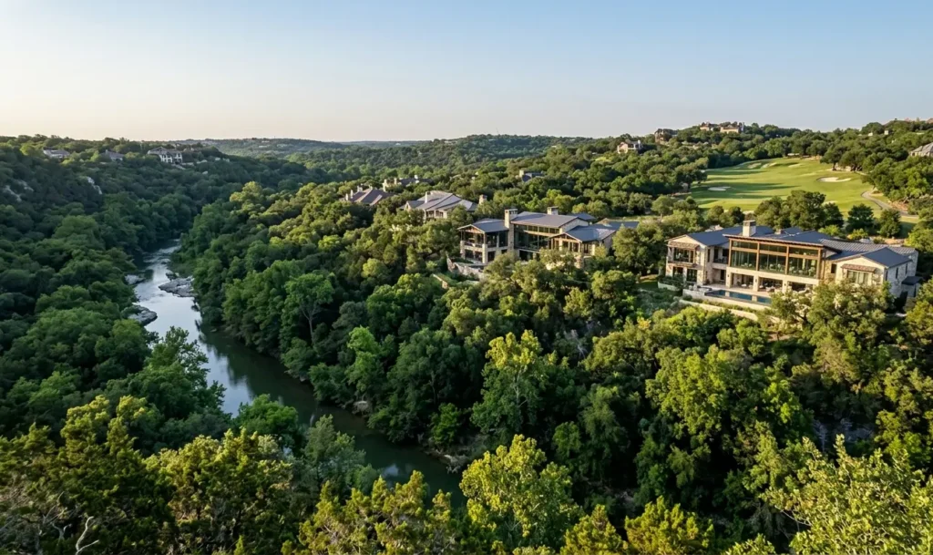 Aerial view of luxury residential homes in Barton Creek Texas Austin Hill Country area